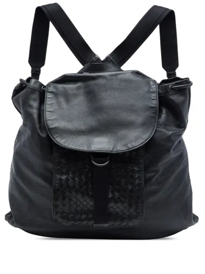Pre-owned Bottega Veneta 2012-2026 Intrecciato Trimmed Leather Drawstring Backpack In Black