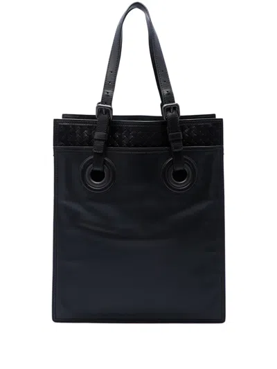Pre-owned Bottega Veneta 2012-2026 Intrecciato Trimmed Leather Oculus Tote Satchel In Black