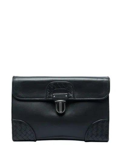 Pre-owned Bottega Veneta 2012-2026 Intrecciato Trimmed Nappa Slide Lock Clutch Bag In Black