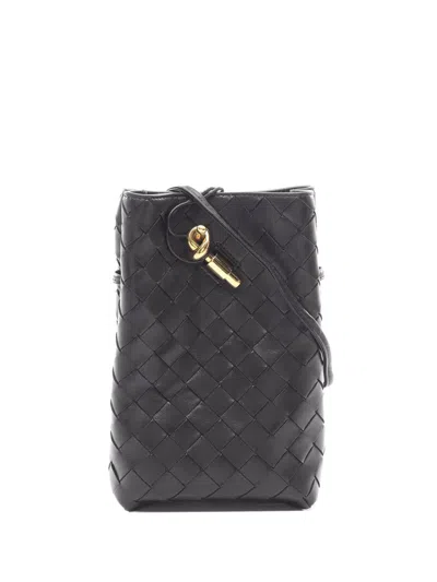 Pre-owned Bottega Veneta 2012-2026 Lambskin Intrecciato Andiamo Phone Pouch Crossbody Bag In Black