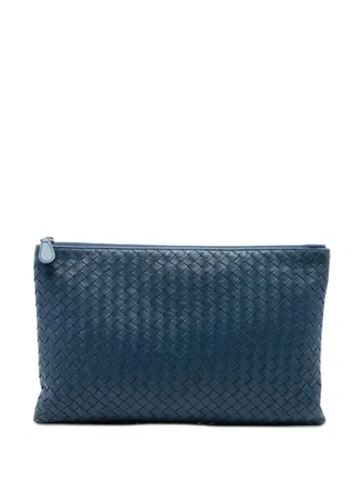 Pre-owned Bottega Veneta 2012-2026 Large Nappa Intrecciato Flat Zip Biletto Pouch Clutch Bag In Blue