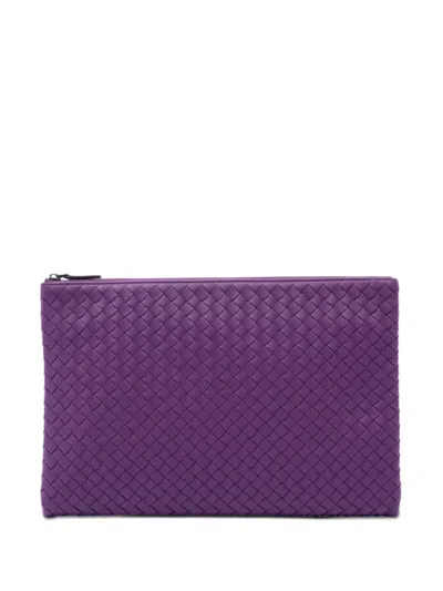 Pre-owned Bottega Veneta 2012-2026 Large Nappa Intrecciato Flat Zip Biletto Pouch Clutch Bag In Purple