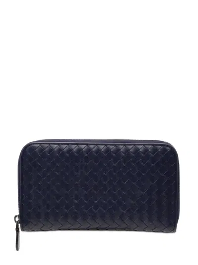 Pre-owned Bottega Veneta 2012-2026 Leather Intrecciato Zip Around Wallet Long Wallets In Blue