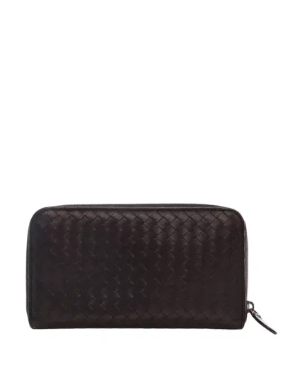 Pre-owned Bottega Veneta 2012-2026 Leather Intrecciato Zip Around Wallet Long Wallets In Brown