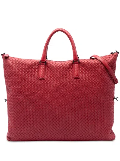 Pre-owned Bottega Veneta 2012-2026 Maxi Nappa Intrecciato Convertible Tote Travel Bag In Red