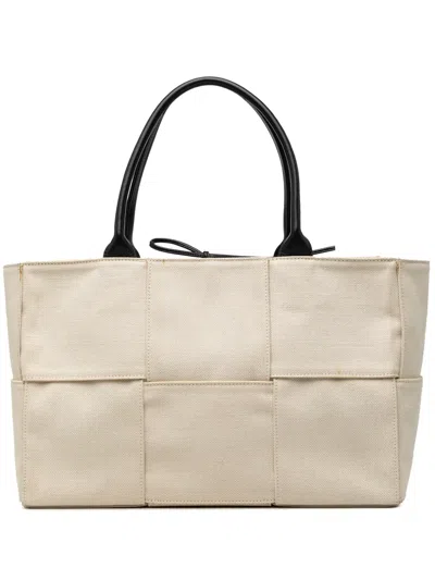Pre-owned Bottega Veneta 2012-2026 Medium Canvas Maxi Intrecciato Arco Tote Bag In White