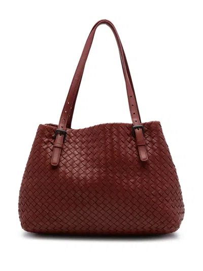 Pre-owned Bottega Veneta 2012-2026 Medium Nappa Intrecciato Cesta Tote Bag In Red