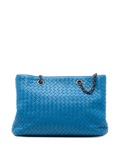 Pre-owned Bottega Veneta 2012-2026 Medium Nappa Intrecciato Double Chain Tote Bag In Blue