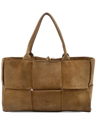 Pre-owned Bottega Veneta 2012-2026 Medium Suede Maxi Intrecciato Arco Tote Bag In Brown