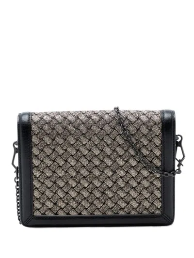 Pre-owned Bottega Veneta 2012-2026 Mini Leather And Metallic Knit Intrecciato Montebello Crossbody Bag In Black