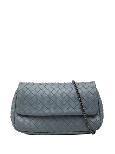 Pre-owned Bottega Veneta 2012-2026 Mini Nappa Intrecciato Expandable Chain Flap Crossbody Bag In Blue