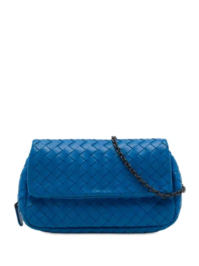 Pre-owned Bottega Veneta 2012-2026 Mini Nappa Intrecciato Expandable Chain Flap Crossbody Bag In Blue