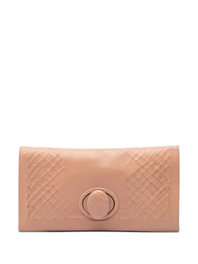 Pre-owned Bottega Veneta 2012-2026 Nappa Embossed Intrecciato Turn Lock Clutch Bag In Brown