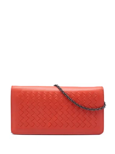 Pre-owned Bottega Veneta 2012-2026 Nappa Intrecciato Continental Wallet On Chain Crossbody Bag In Orange
