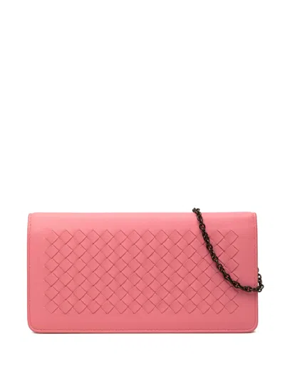 Pre-owned Bottega Veneta 2012-2026 Nappa Intrecciato Continental Wallet On Chain Crossbody Bag In Pink
