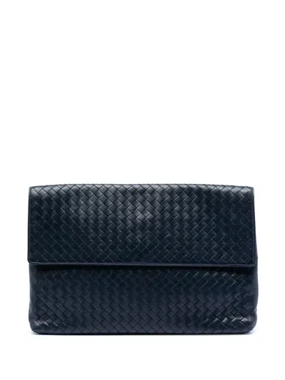 Pre-owned Bottega Veneta 2012-2026 Nappa Intrecciato Flap Clutch Bag In Blue