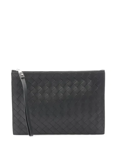 Pre-owned Bottega Veneta 2012-2026 Nappa Intrecciato Flat Wristlet Pouch Clutch Bag In Black