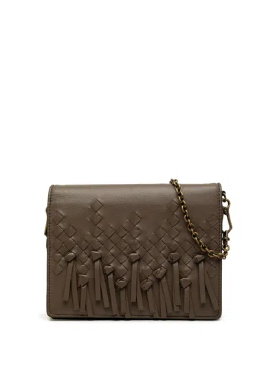 Pre-owned Bottega Veneta 2012-2026 Nappa Intrecciato Fringe Wallet On Chain Crossbody Bag In Brown