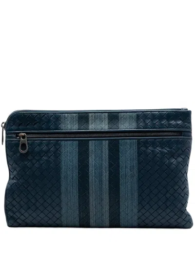 Pre-owned Bottega Veneta 2012-2026 Nappa Intrecciato Line Stitch Clutch Bag In Blue