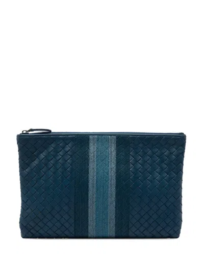 Pre-owned Bottega Veneta 2012-2026 Nappa Intrecciato Line Stitch Clutch Bag In Blue