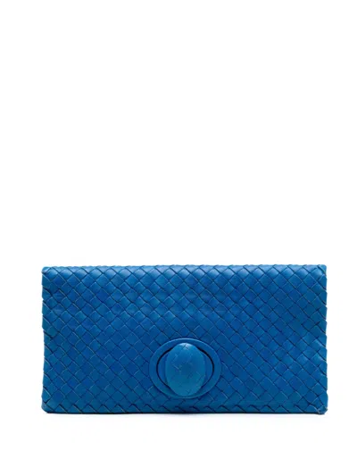 Pre-owned Bottega Veneta 2012-2026 Nappa Intrecciato Turn Lock Clutch Bag In Blue