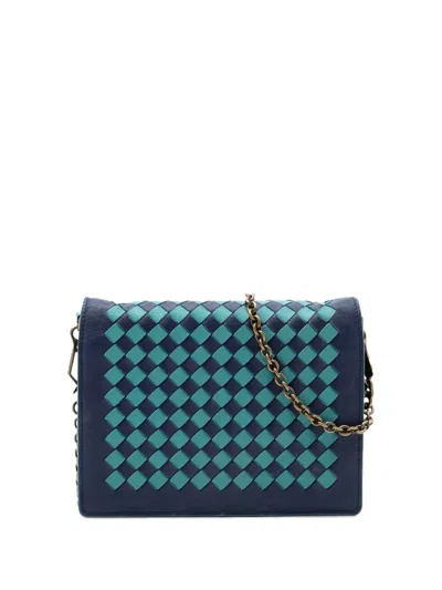 Pre-owned Bottega Veneta 2012-2026 Nappa Intrecciato Wallet On Chain Crossbody Bag In Blue