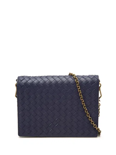 Pre-owned Bottega Veneta 2012-2026 Nappa Intrecciato Wallet On Chain Crossbody Bag In Blue