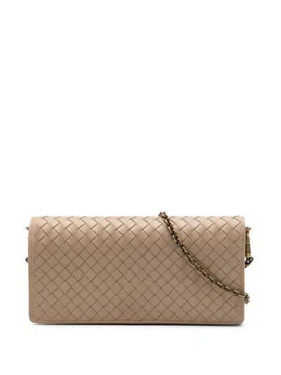 Pre-owned Bottega Veneta 2012-2026 Nappa Intrecciato Wallet On Chain Crossbody Bag In Brown