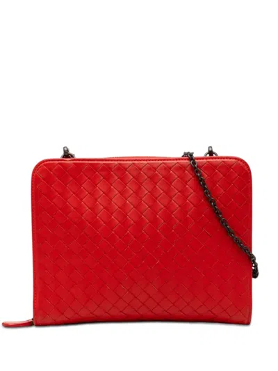 Pre-owned Bottega Veneta 2012-2026 Nappa Intrecciato Wallet On Chain Crossbody Bag In Red