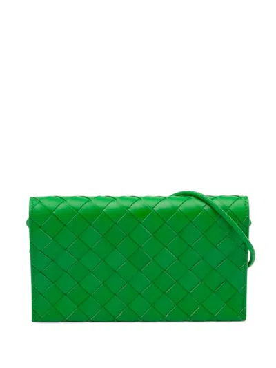 Pre-owned Bottega Veneta 2012-2026 Nappa Intrecciato Wallet On Strap Crossbody Bag In Green