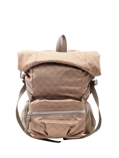 Pre-owned Bottega Veneta 2012-2026 Nylon Intrecciato Print Trekking Backpack In Brown