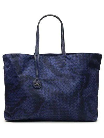 Pre-owned Bottega Veneta 2012-2026 Nylon Intrecciolusion Tote Bag In Blue
