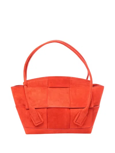Pre-owned Bottega Veneta 2019 Medium Suede Maxi Intrecciato Arco Bag Tote Bag In Red