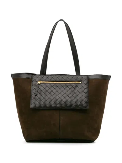 Pre-owned Bottega Veneta 2021-2024 Medium Suede And Nappa Intrecciato Flip Flap Tote Bag