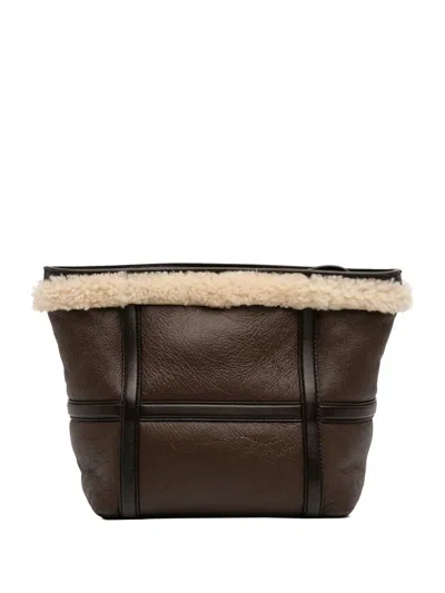 Pre-owned Bottega Veneta 2021-2025 Shearling Trimmed Leather Clutch Bag In Brown