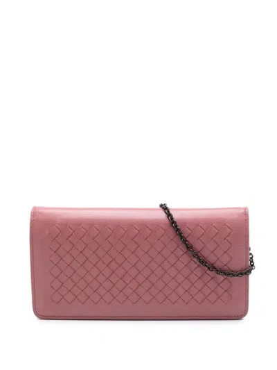 Pre-owned Bottega Veneta 2021-2026 Nappa Intrecciato Continental Wallet On Chain Crossbody Bag In Pink
