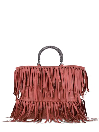 Pre-owned Bottega Veneta 2024  Intrecciato-fringe Tote Bag In Red