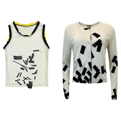 Pre-owned Bottega Veneta 3d Layered Silk & Cashmere Printed Top & Cardigan Set In Gray