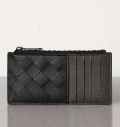 Pre-owned Bottega Veneta $520  Leather Slim Wallet Intreccio Black/graphite 591379 In Gray