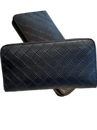 Pre-owned Bottega Veneta 593217 Black Leather Men's Intarsio 15 Long Wallet