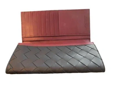 Pre-owned Bottega Veneta 609482 Midnight Blue/red Leather Intrecciato Continental Wallet
