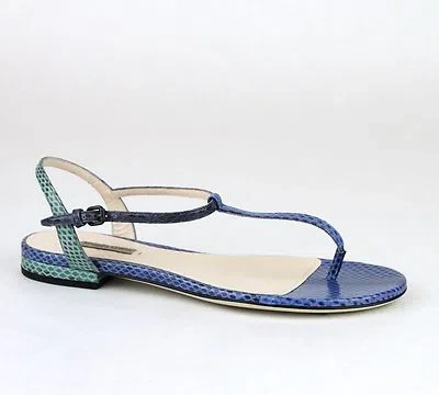 Pre-owned Bottega Veneta $795 Authentic  Python Flat Thong Sandal 338258 In Blue Green/8742