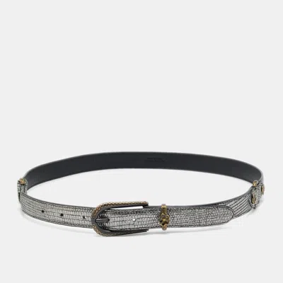 Pre-owned Bottega Veneta 80 Cm Slim Buckle Belt Lizard In Silver