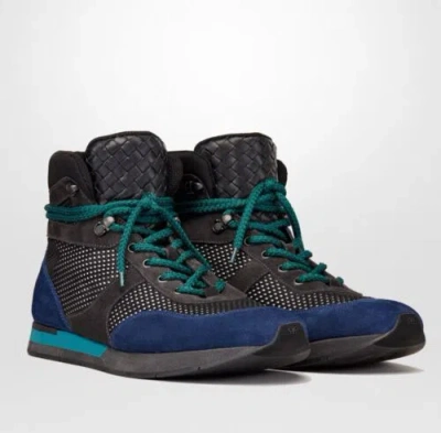 Pre-owned Bottega Veneta $850  Black/blue Suede Leather High Top Sneaker 417024 8796