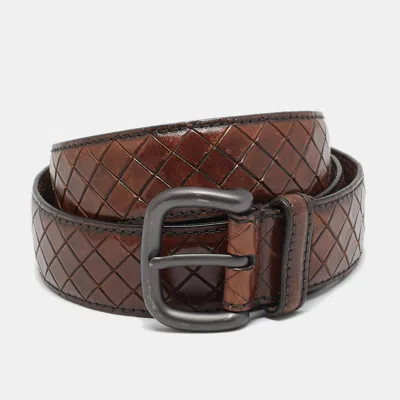 Pre-owned Bottega Veneta 90 Cm Buckle Belt Brown Intrecciato Leather