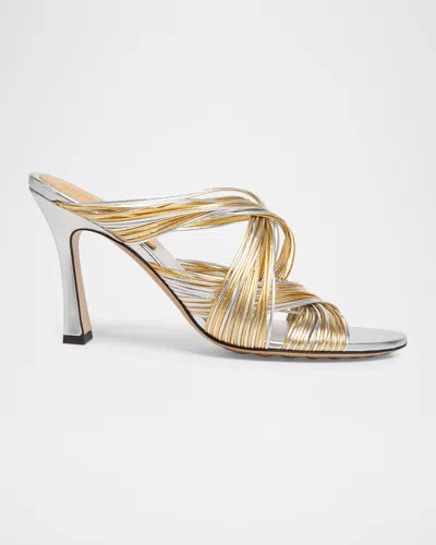 Bottega Veneta 90mm Rana Metallic Leather Tubular Mules In Gold/silver