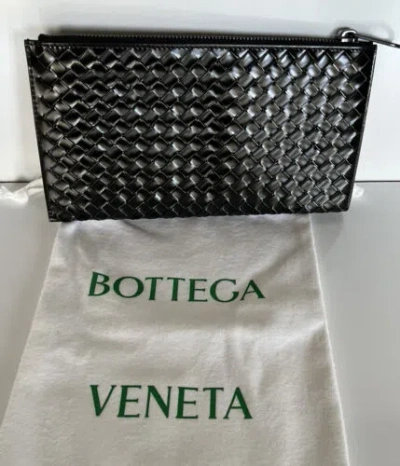 Pre-owned Bottega Veneta $940  Men's Metal Brush Calf Leather Case Black/silver 506323