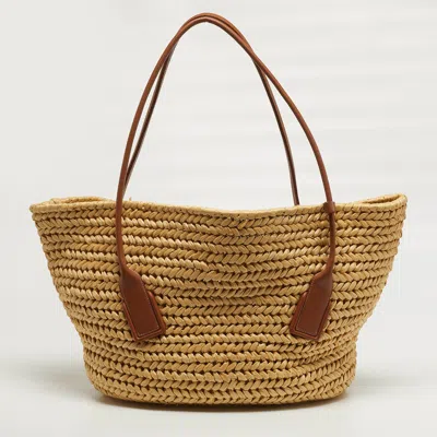Pre-owned Bottega Veneta Acro Cream/brown Leather And Raffia Tote In White