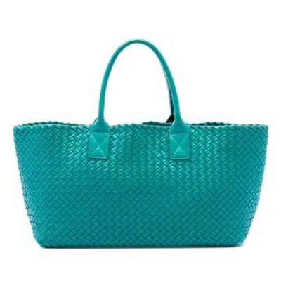 Pre-owned Bottega Veneta Alligator Medium Nappa Intrecciato Cabat Tote In Blue