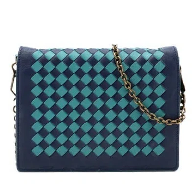 Pre-owned Bottega Veneta Alligator Nappa Intrecciato Wallet On Chain In Blue